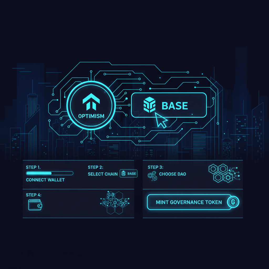 sleek dashboard selecting Optimism or Base blockchain, neon blue interfaces, futuristic DAO minting UI, cyberpunk style