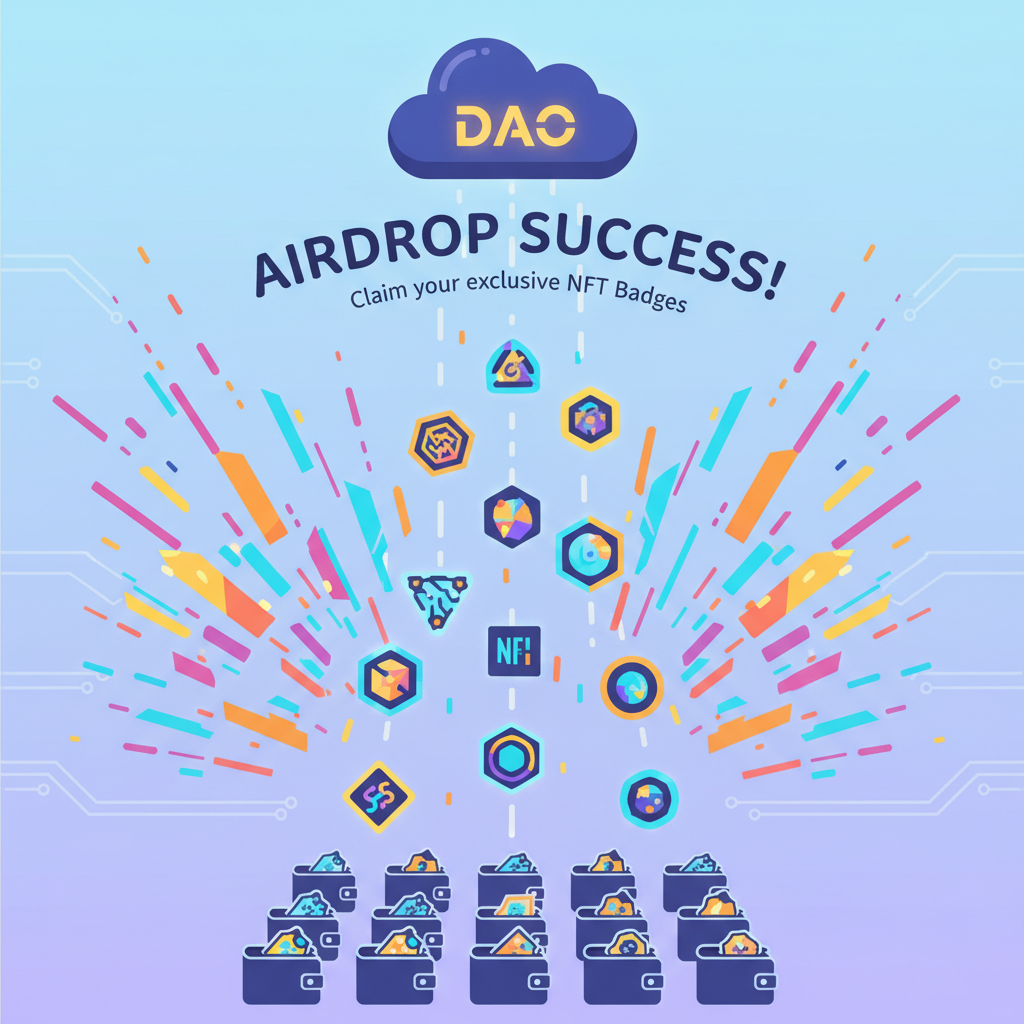 Airdropping glowing NFT badges to DAO members' wallets, confetti explosion, celebratory digital art