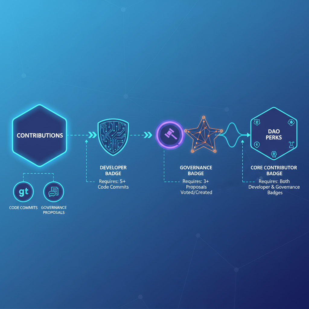 /conceptual diagram of DAO badge types linked to contributions like git commits and proposals, futuristic web3 style, clean infographic