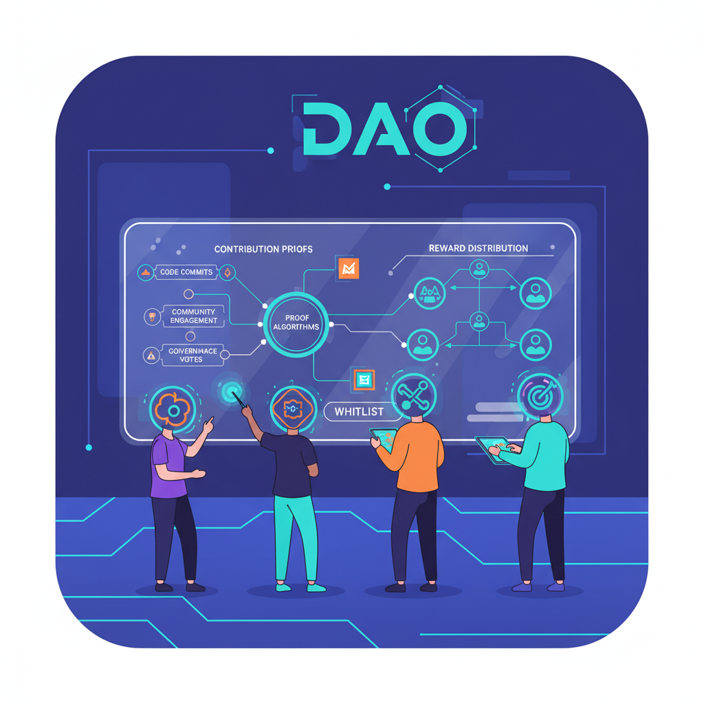 DAO team brainstorming contribution proofs on whiteboard, futuristic web3 style