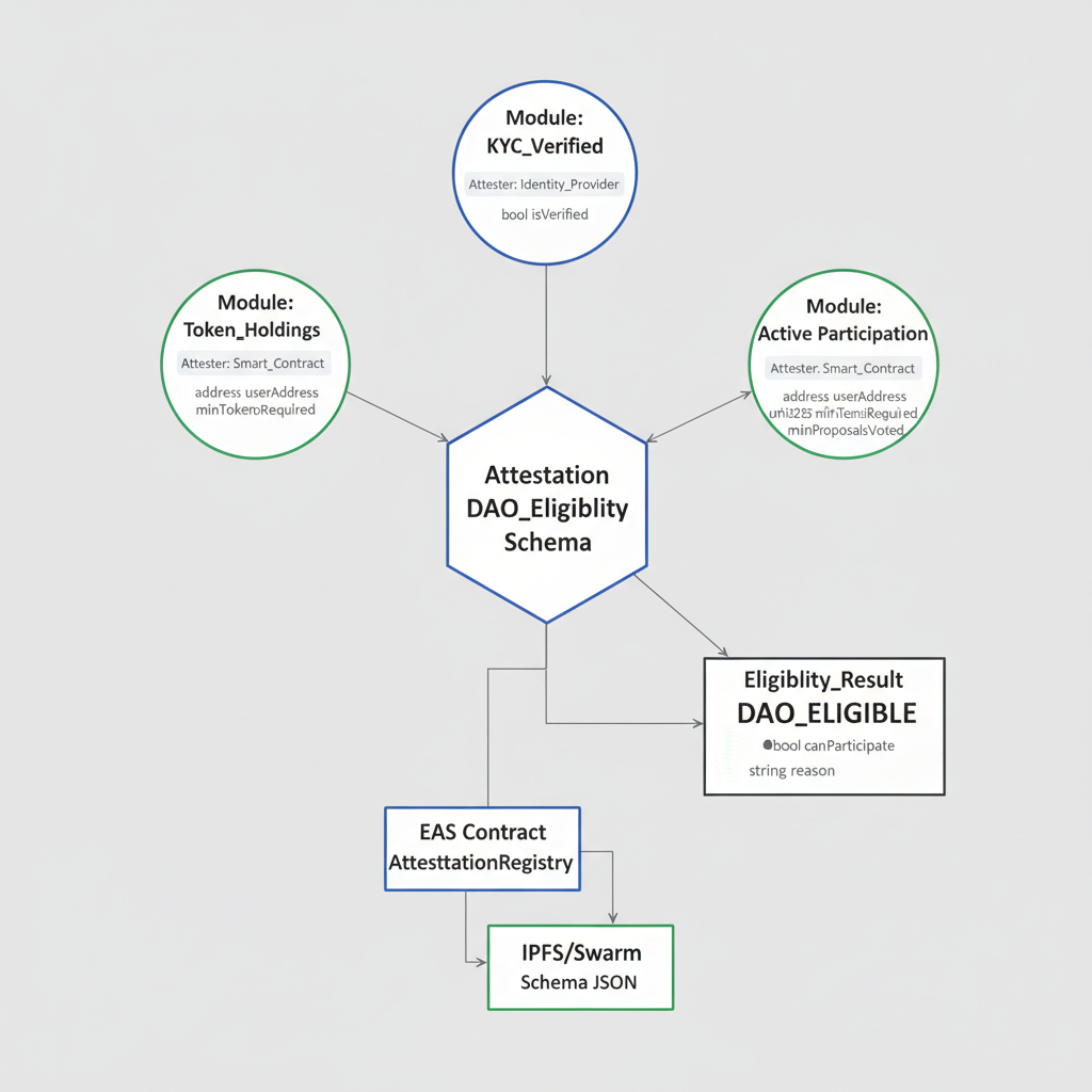 ethereum attestation service schema diagram for DAO eligibility, clean technical illustration