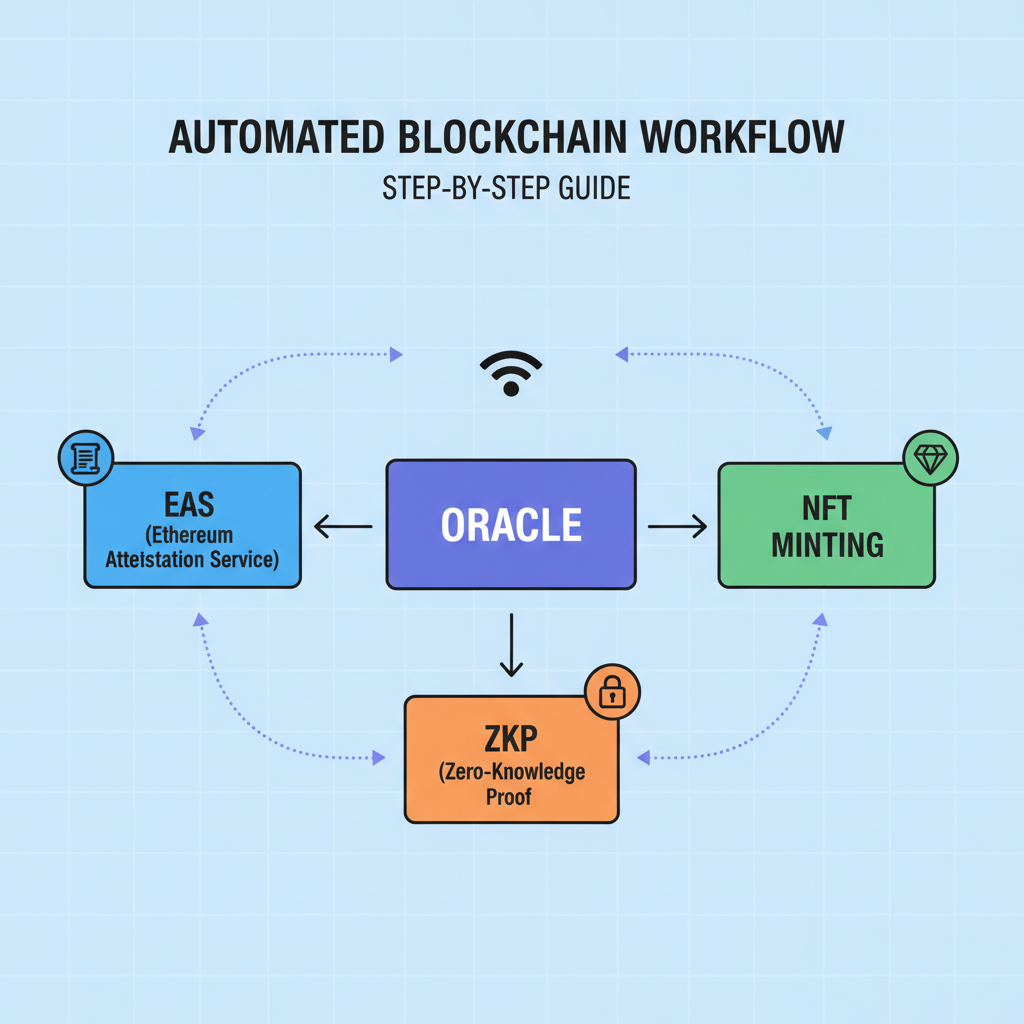 automated blockchain workflow diagram, arrows connecting oracle eas zkp nft, dynamic flow chart
