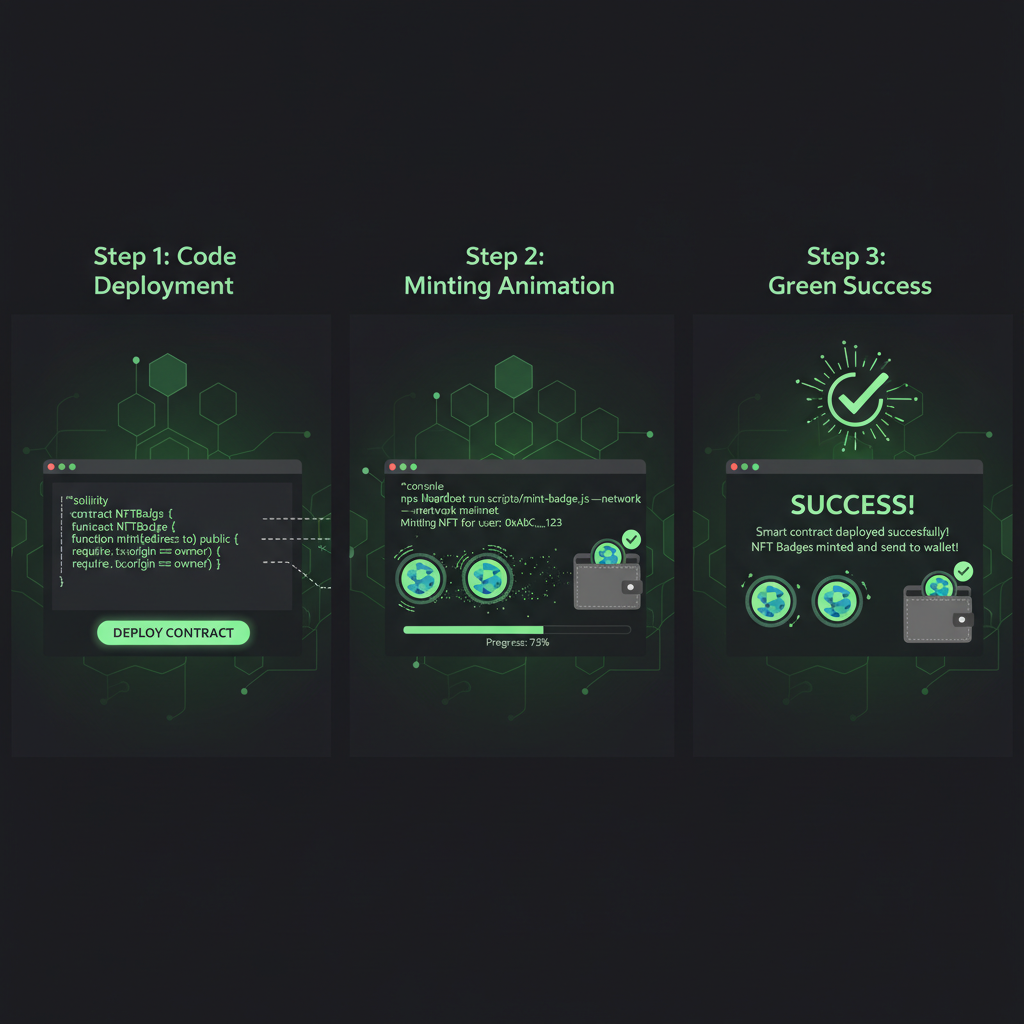 smart contract code deploying on blockchain, NFT badges minting animation, green success checkmarks, tech terminal aesthetic