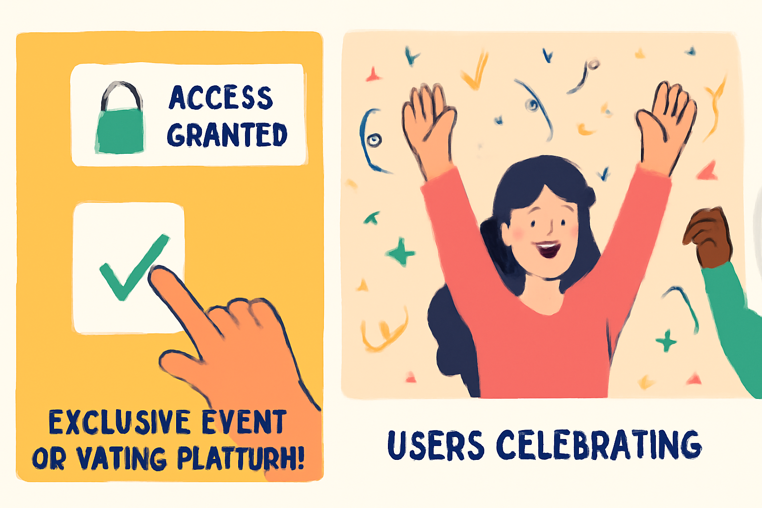 A digital wallet showcasing NFT badges, access granted to an exclusive event or voting platform, users celebrating, colorful and dynamic style