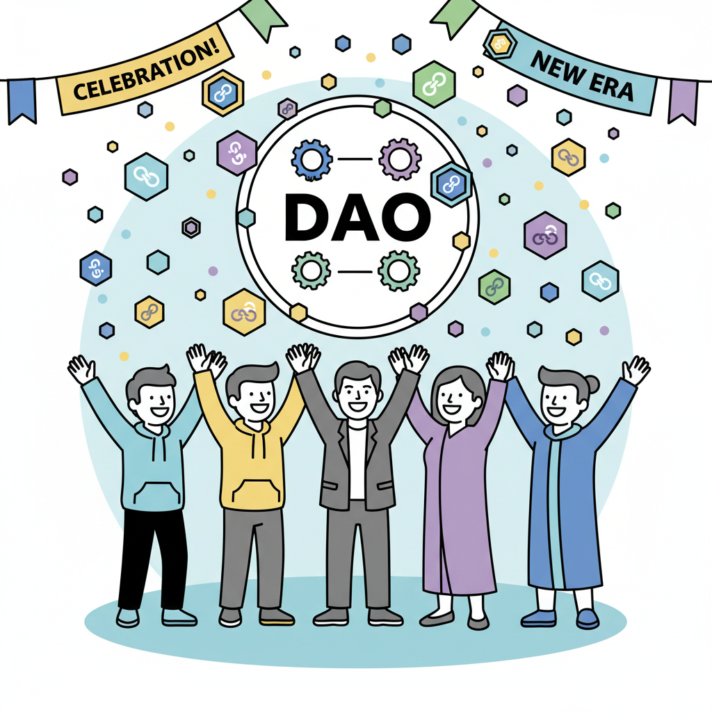 DAO party celebration with soulbound badge confetti and cheering members