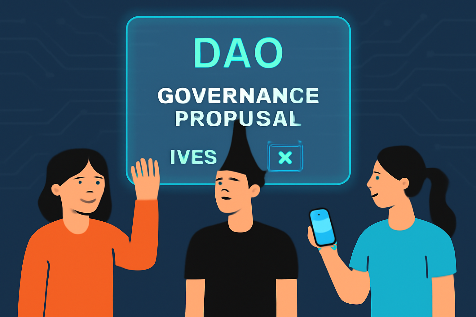 DAO members voting on governance proposal holographic screen blockchain style