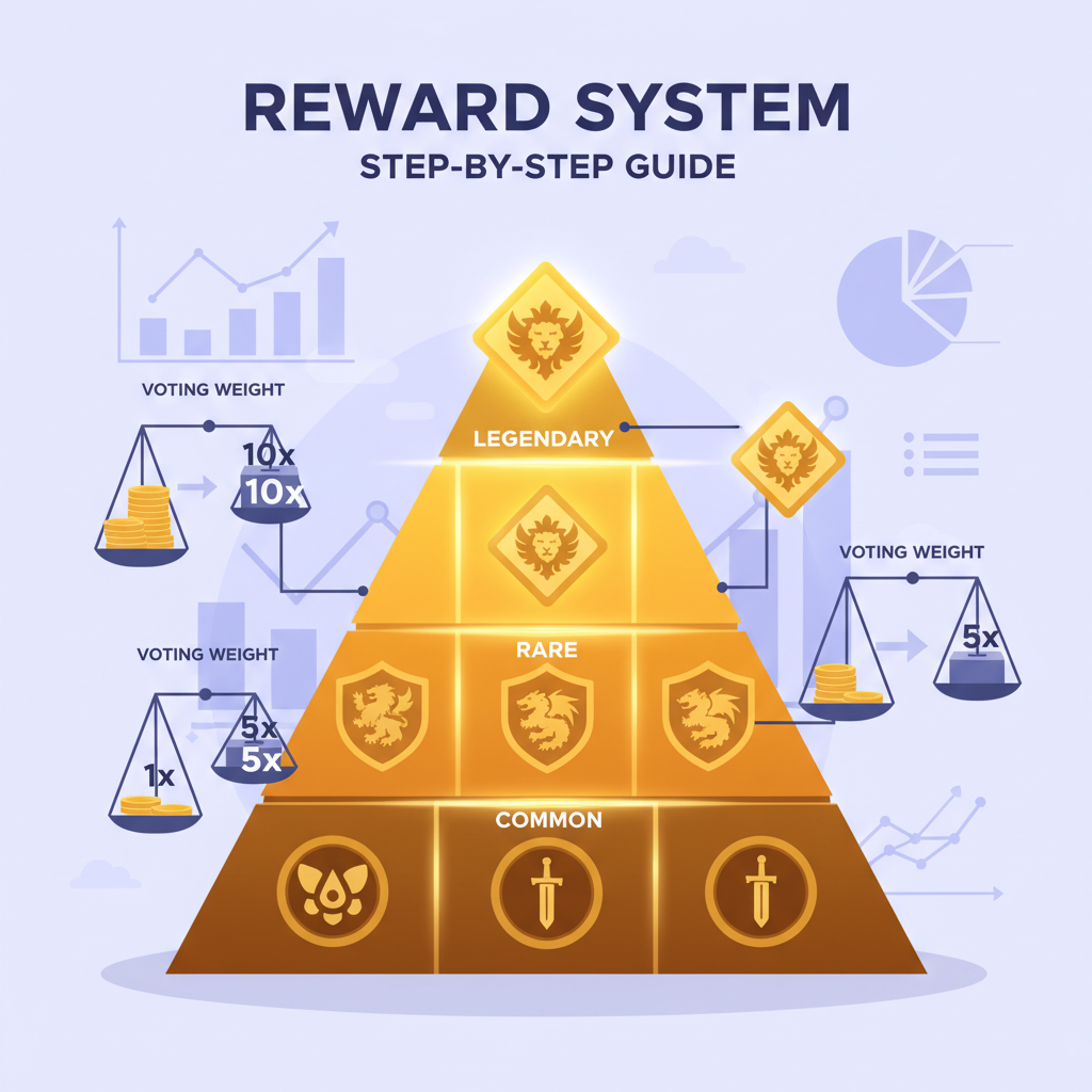 tiered reward pyramid with NFT badges, voting weight scales, gold tiers glowing, data analytics overlay