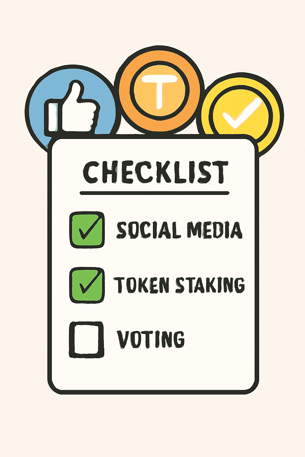 A checklist with tasks like social media, token staking, and voting, with checkmarks next to completed items, digital badges in the background, clear and engaging style