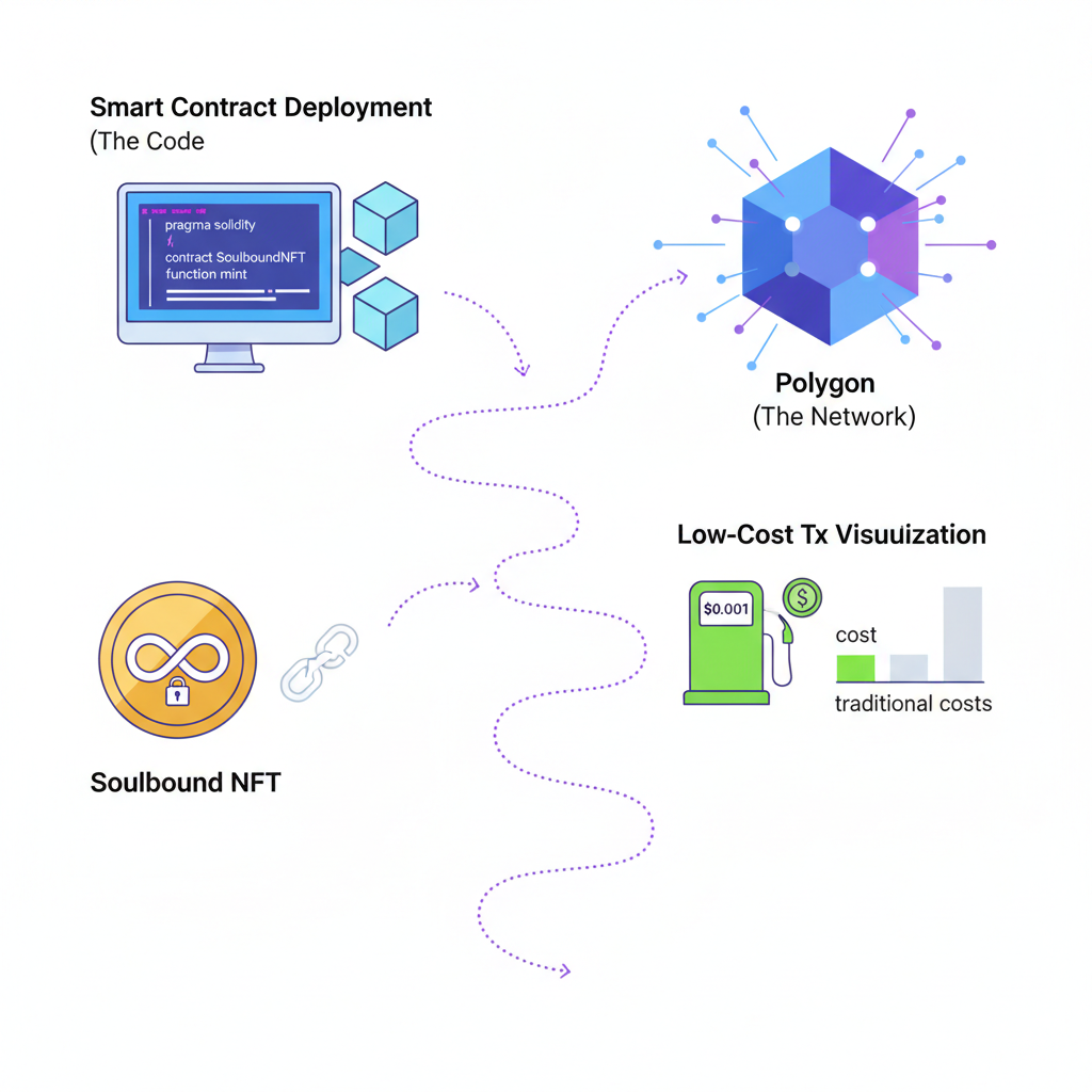 smart contract deployment on Polygon blockchain, code snippet soulbound NFT, low-cost tx visualization