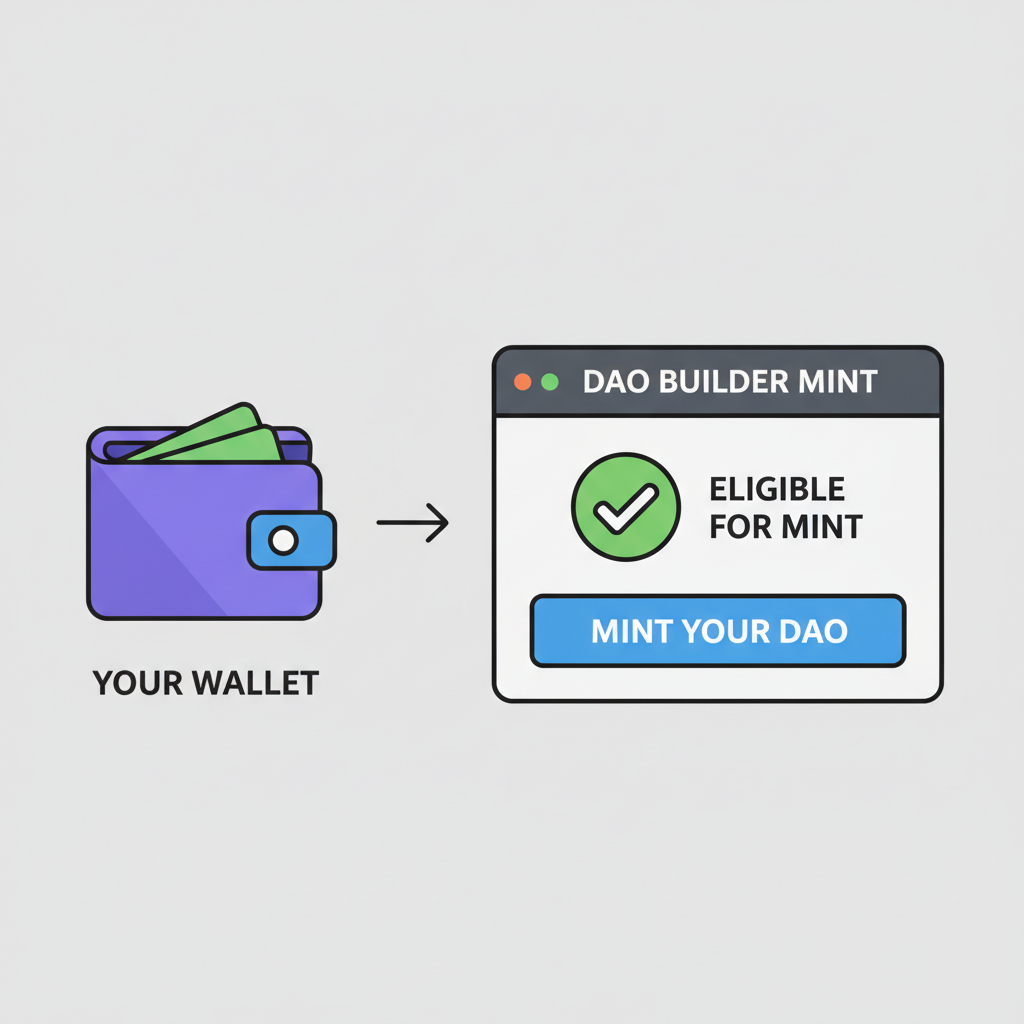 wallet connecting to mint site, green eligibility checkmark, DAO builder theme