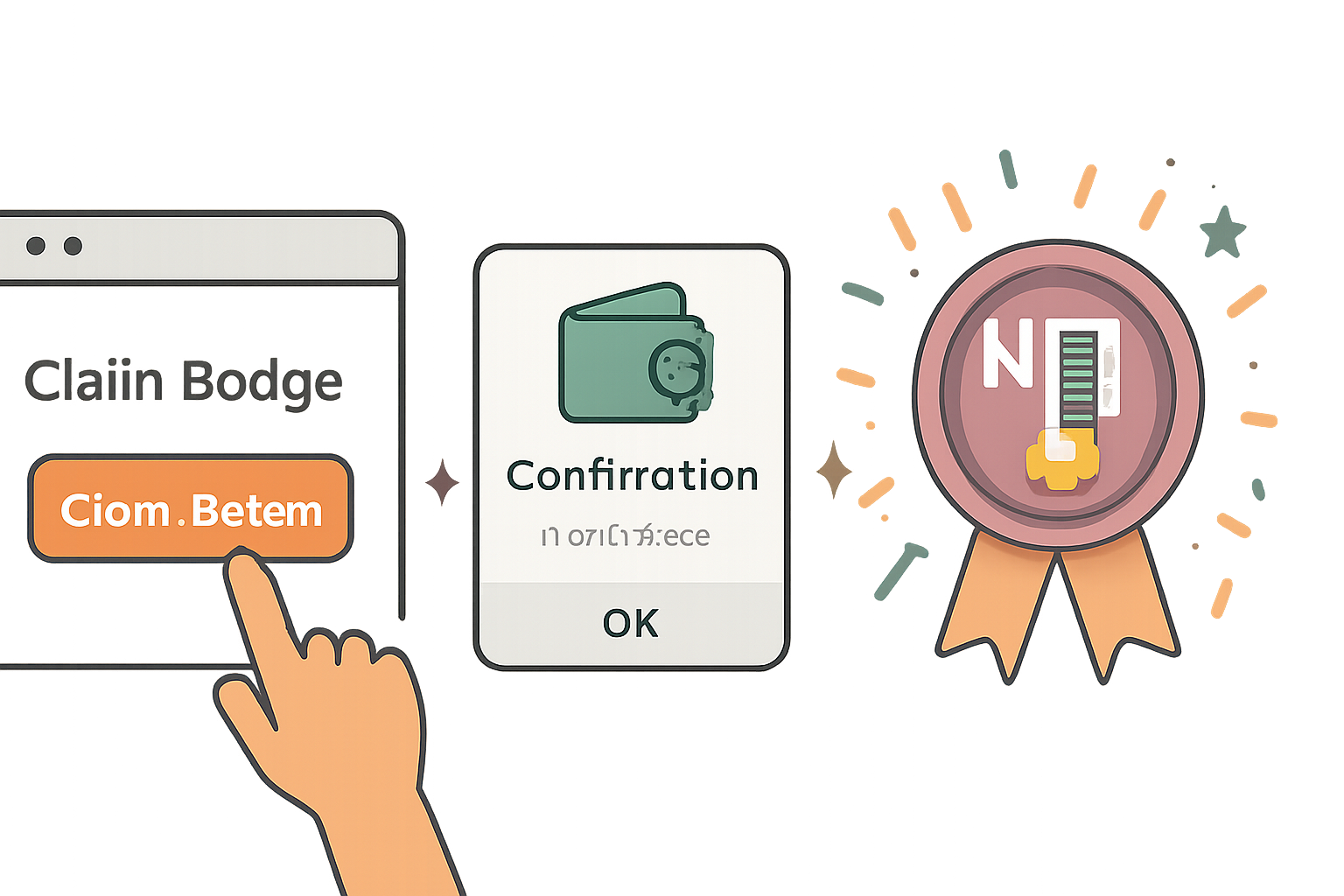 A user clicking a 'Claim Badge' button on a website, digital wallet confirmation, NFT badge appearing, celebratory digital effects, energetic vibe