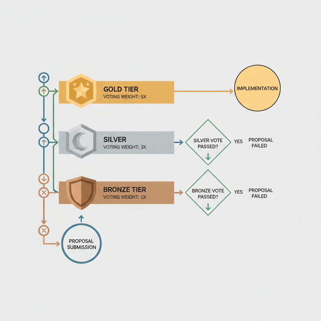 Multi-tier NFT governance tiers diagram, bronze silver gold badges, voting weights shown, innovative flowchart