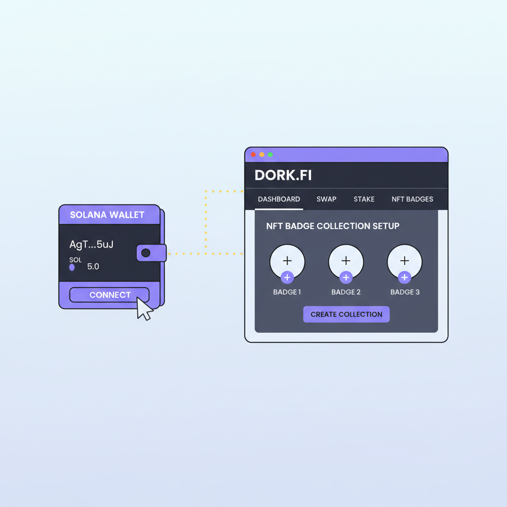 Solana wallet connecting to Dork.fi dashboard, NFT badge collection setup screen