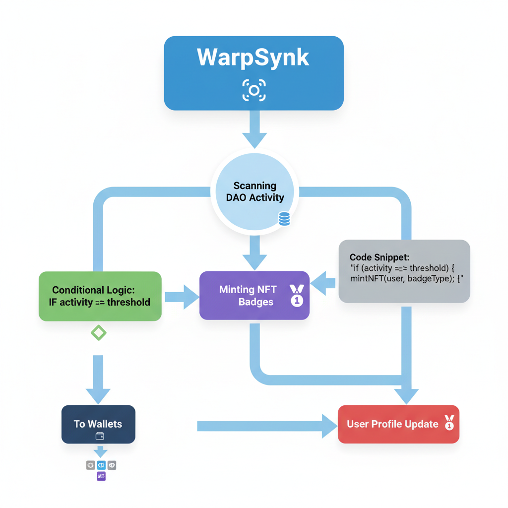 Automation flowchart: WarpSynk scanning DAO activity, minting NFT badges to wallets, code snippets