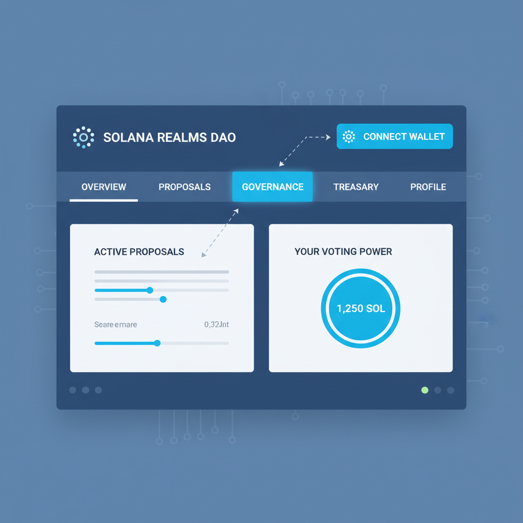 Solana Realms dashboard UI, connect wallet button, futuristic blue interface, DAO governance tab highlighted