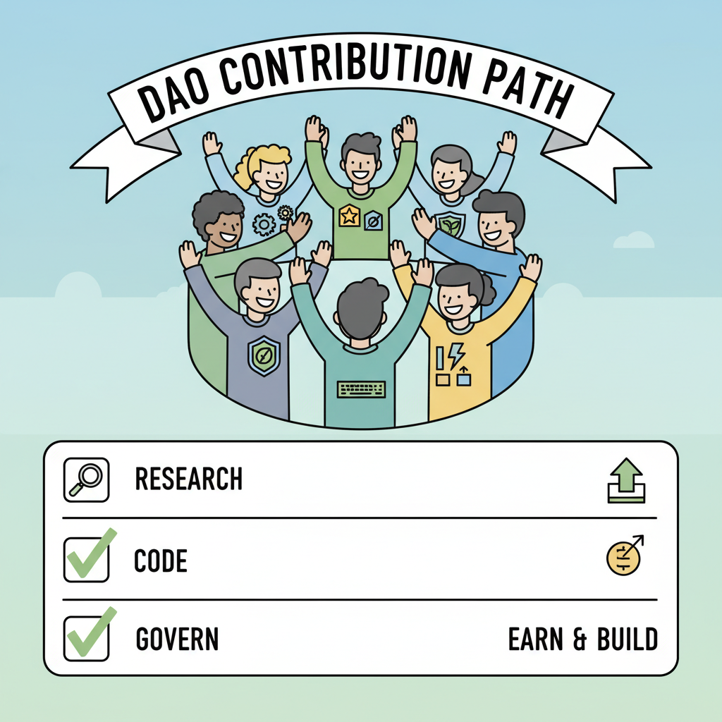 DAO community members earning badges, group high-fiving with contribution checklists