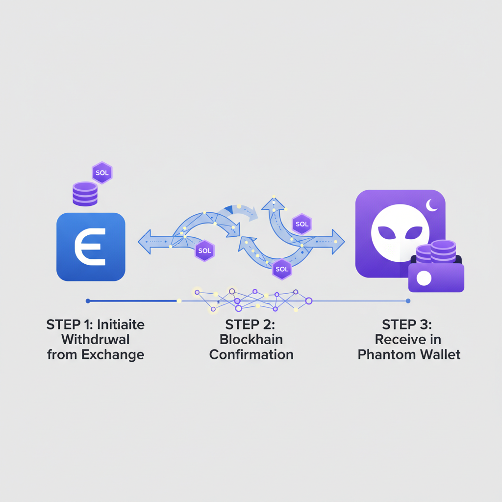 illustration of SOL tokens transferring from exchange to Phantom wallet, blockchain arrows